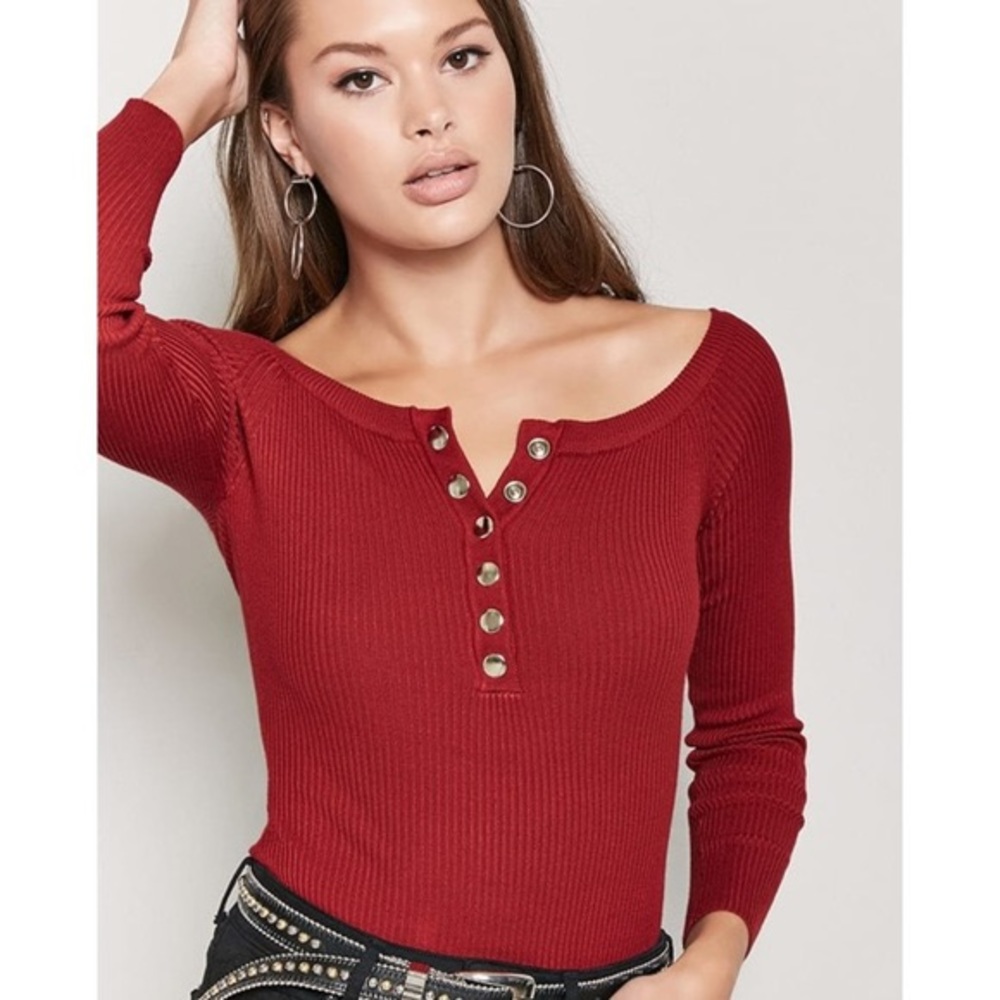 Long Sleeve Button Front Ribbed Knit Bodysuit